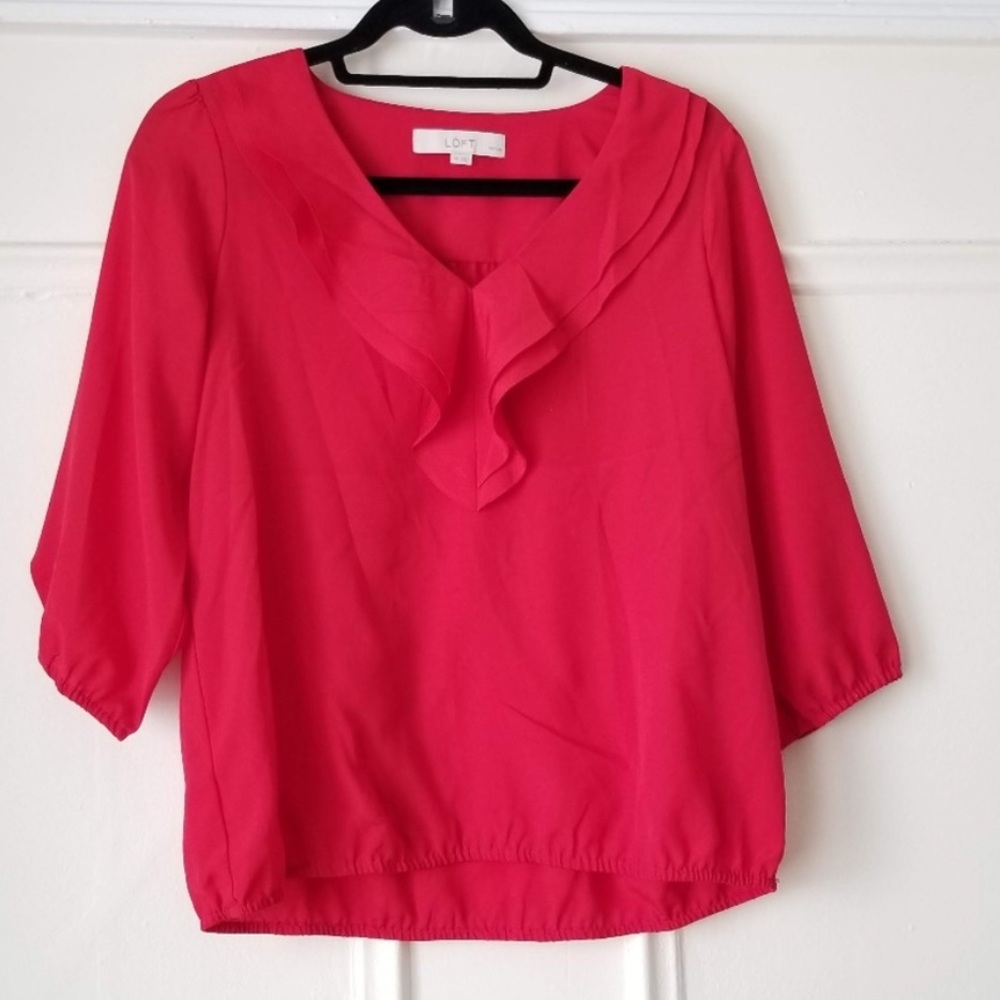 Loft large 3/4 sleeve ruffle v-neck red blouse